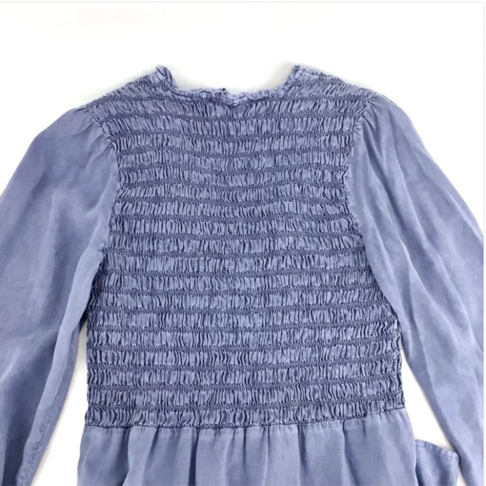 Bella Dahl Tencel-Lyocell Blue V Neck Long Sleeve Smocked Mini Dress Size Large - Picture 10 of 14